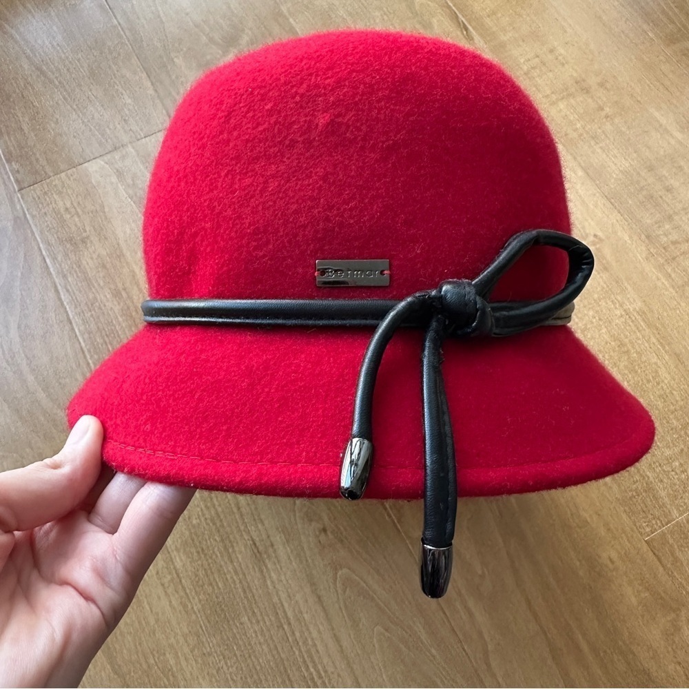 Betmar Women’s Valerina Red Wool Hat with Black Leather Bow